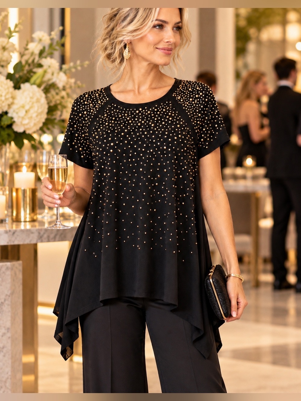 Carmen Marc Valvo Black Gold Stud Embellished Tunic Top Sharkbite Cocktail Glam